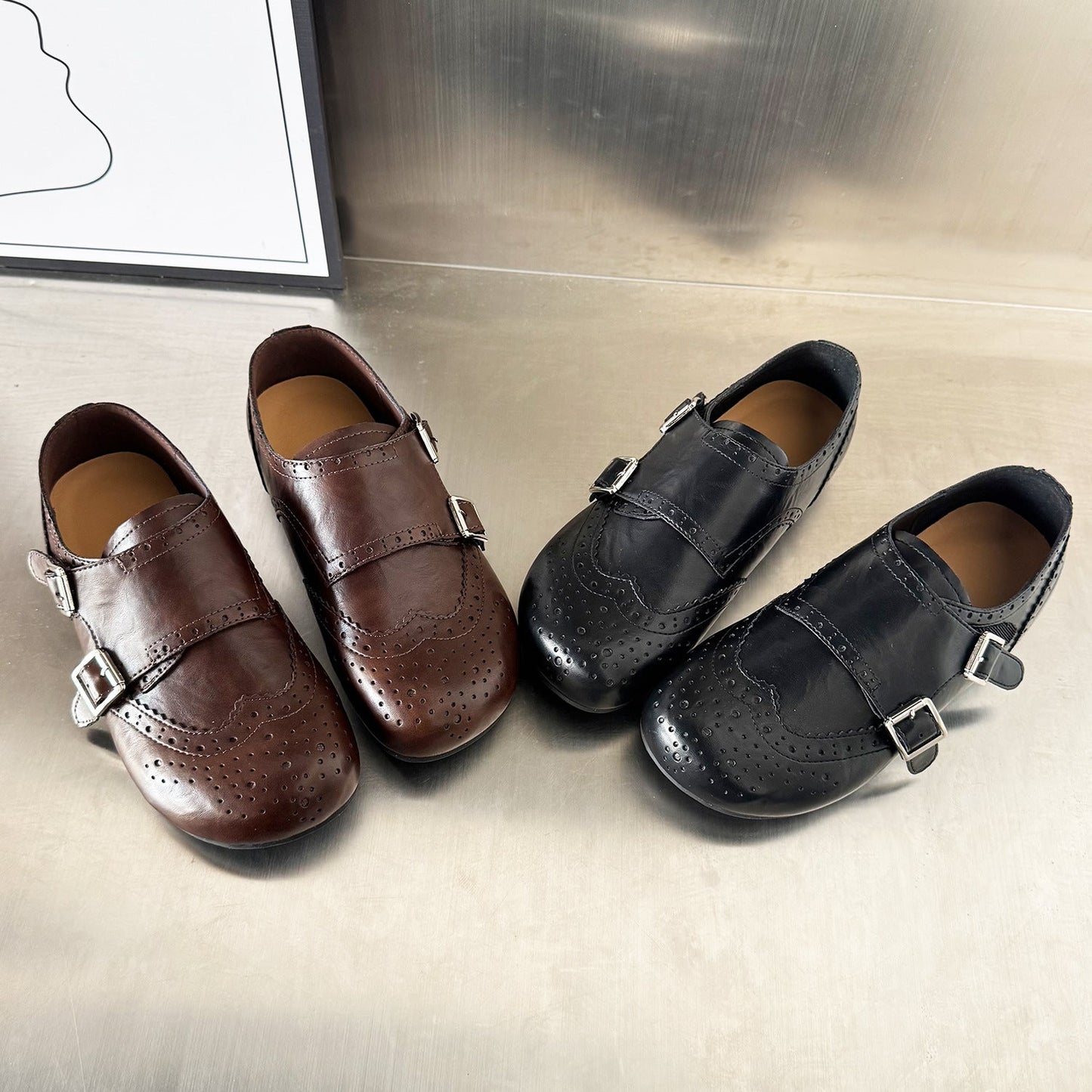 Damen Mokassins Elegante Broguemuster Schnalle Schuhe