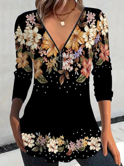 Frauen Bluse Floral Print Modern Reißverschluss