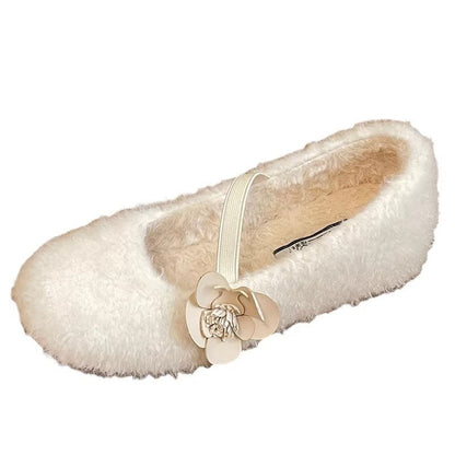 Damen Ballerinas Flauschig mit Schleife Schwarz