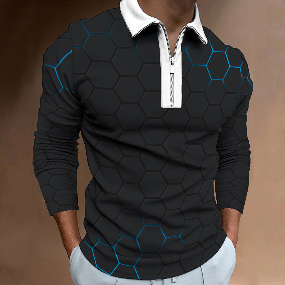 Herren Polo-Shirt Modern Wabenmuster Kontrast Reißverschluss