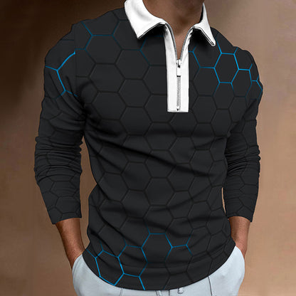 Herren Polo-Shirt Modern Wabenmuster Kontrast Reißverschluss