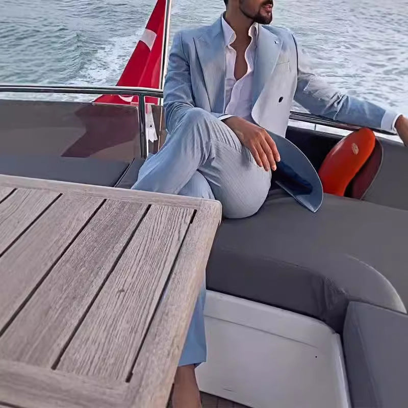 Herren Anzug Doppelreiher Streifenmuster Elegant Schwarz