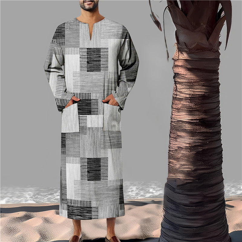 Herren Kaftan Baumwolle Modern Geometrisch Mit Taschen - BerlinGlamour
