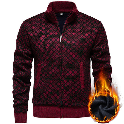 Herren Strickjacke Modern Karo Muster Zipper