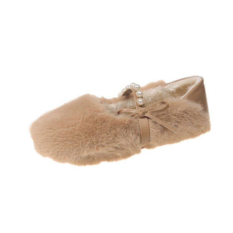 Damen Hausschuhe Weich Fell Perlen Elegance