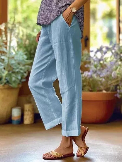 Damen Leinenhose Weit Bequem Mit Taschen