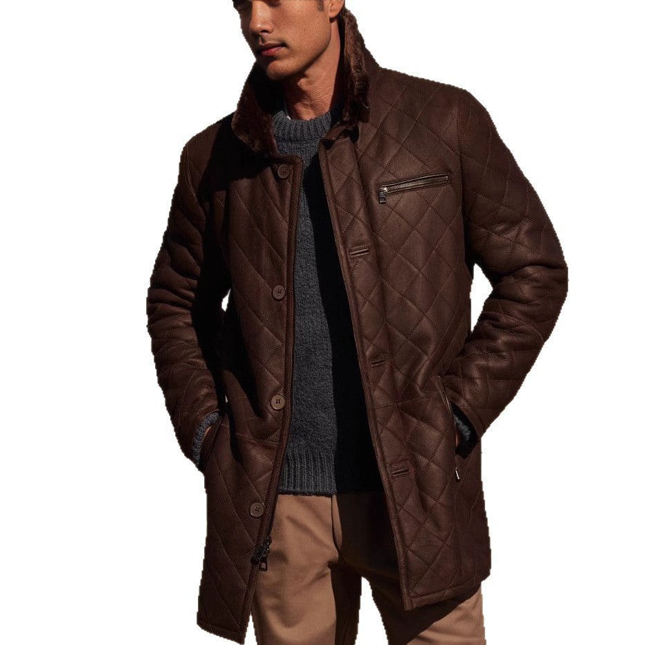 Herren Kunstleder Mantel Teddyfell Kragen Schlicht Elegent