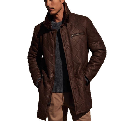 Herren Kunstleder Mantel Teddyfell Kragen Schlicht Elegent