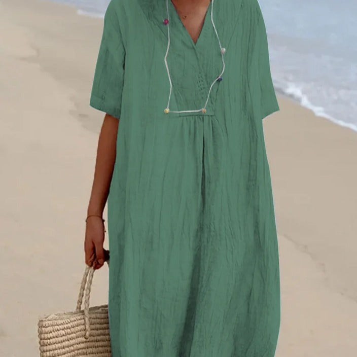 Damen Midi-Kleid Bequem V-Ausschnitt Kurzärmlig Sommerkleid