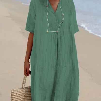 Damen Midi-Kleid Bequem V-Ausschnitt Kurzärmlig Sommerkleid