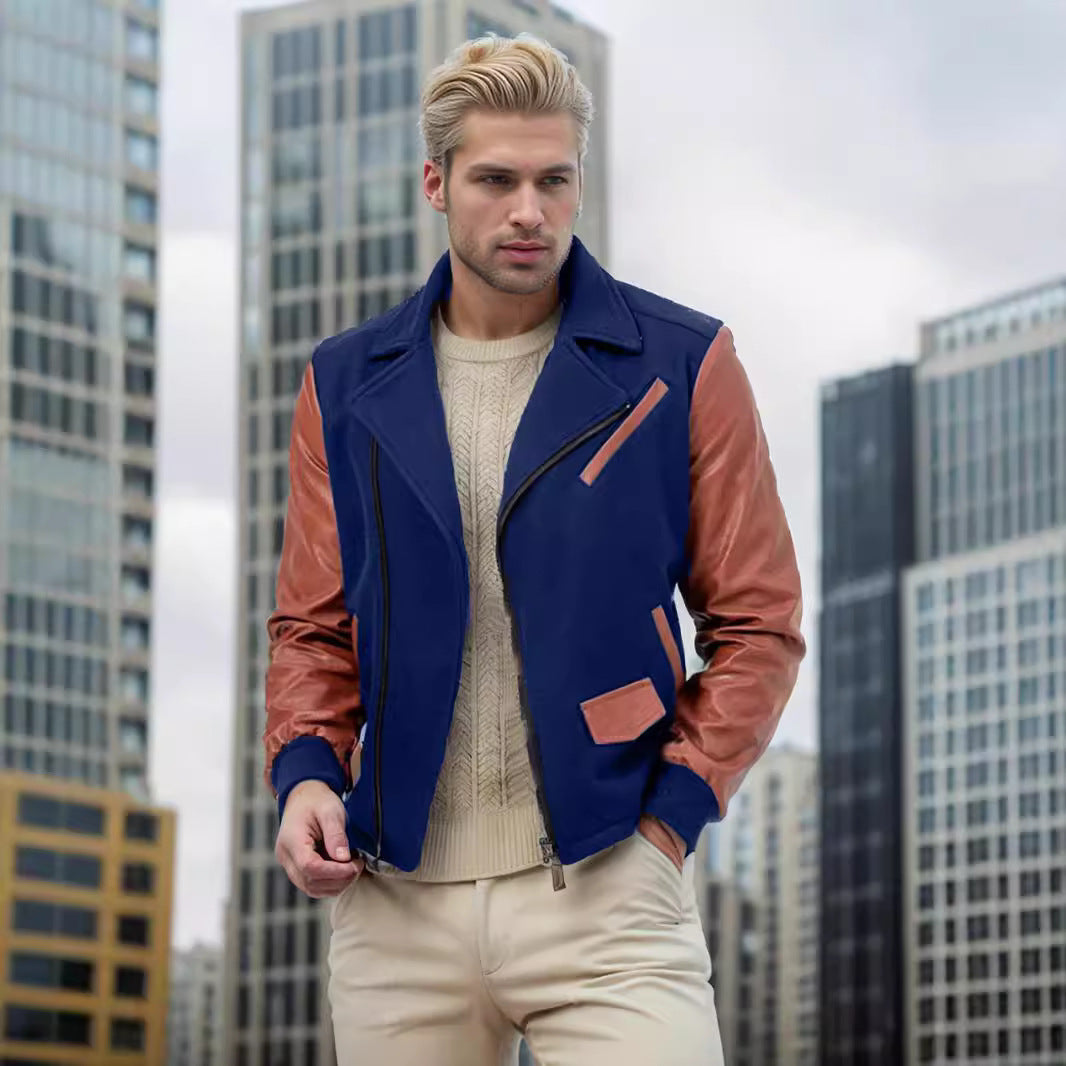 Herren Lederjacke Bikerstyle Kontrastärmel Schwarz