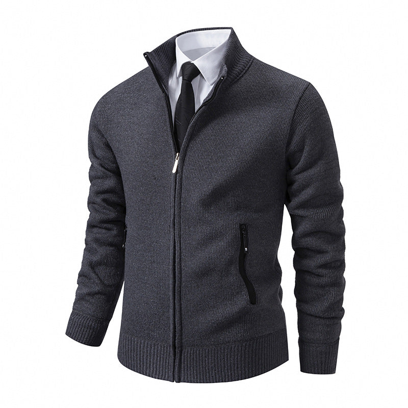 Herren Strickjacke Modern mit hohem Kragen und Reißverschlusstaschen