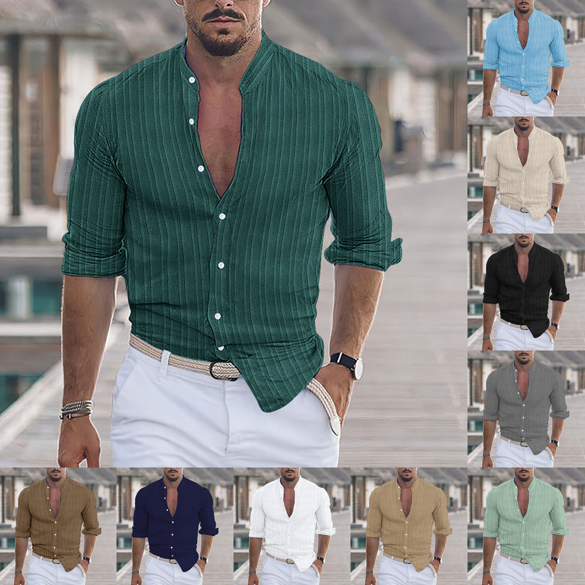 Herren Hemd Modern Stehkragen Strukturiert Trendy - BerlinGlamour