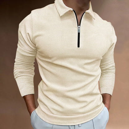 Herren Polo Langarmshirt mit Reißverschluss Modern Strukturiert