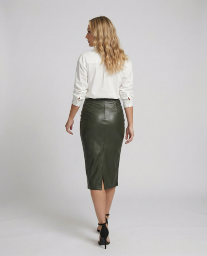 Lederrock Damen Midi Raffung Elegant Schwarz