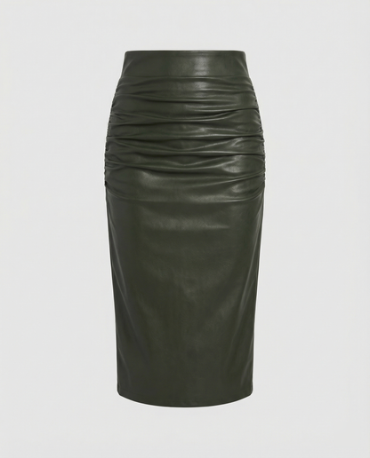 Lederrock Damen Midi Raffung Elegant Schwarz