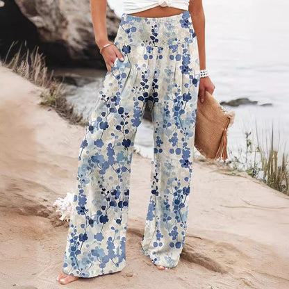 Damen Strandhose Weit Bequem Elastisch Floral