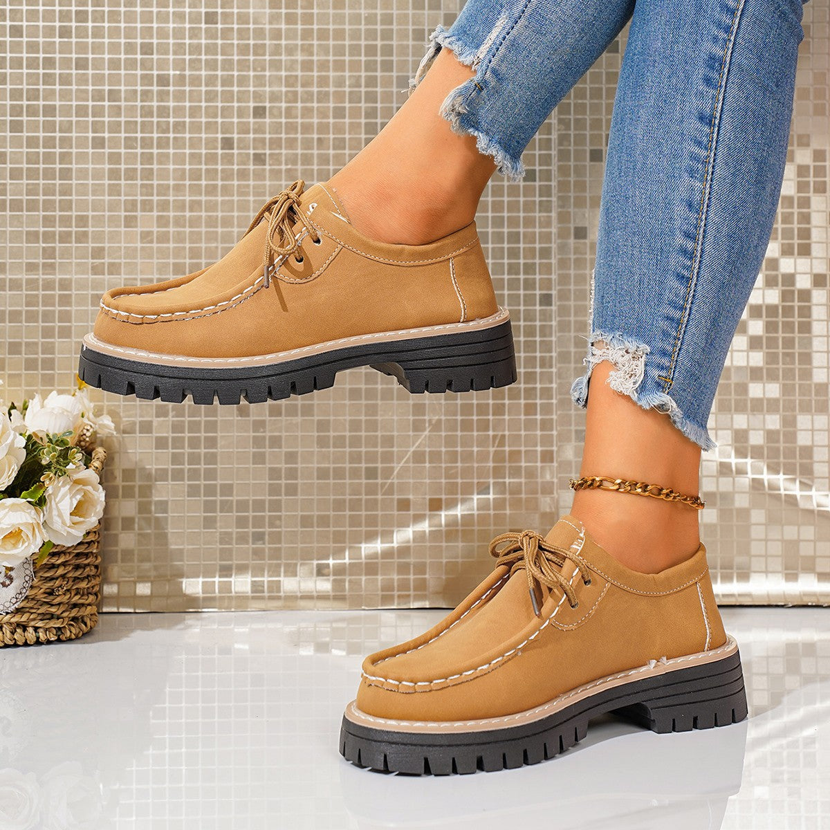 Damen Schnürschuhe Robustes Profil Feines Leder Schwarz