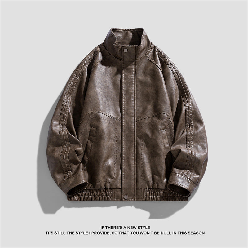 Herren Lederjacke Modern mit Hoher Kragen und Reißverschlusstaschen