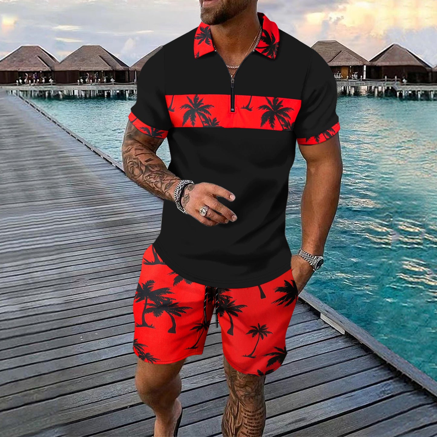 Herren Polohemd Elegant Geschnitzt mit Shorts Sommer