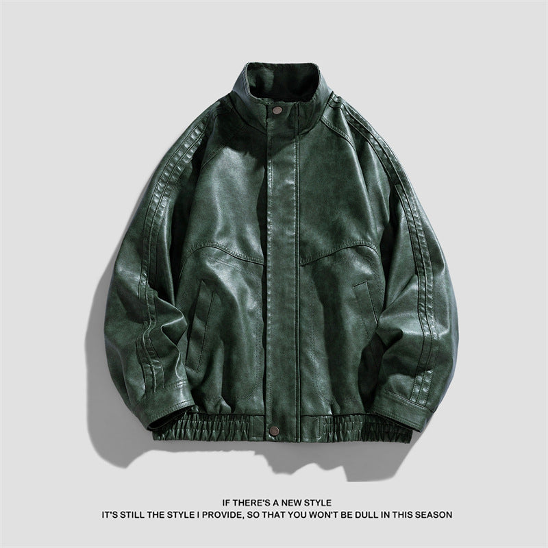Herren Lederjacke Modern mit Hoher Kragen und Reißverschlusstaschen