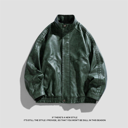 Herren Lederjacke Modern mit Hoher Kragen und Reißverschlusstaschen