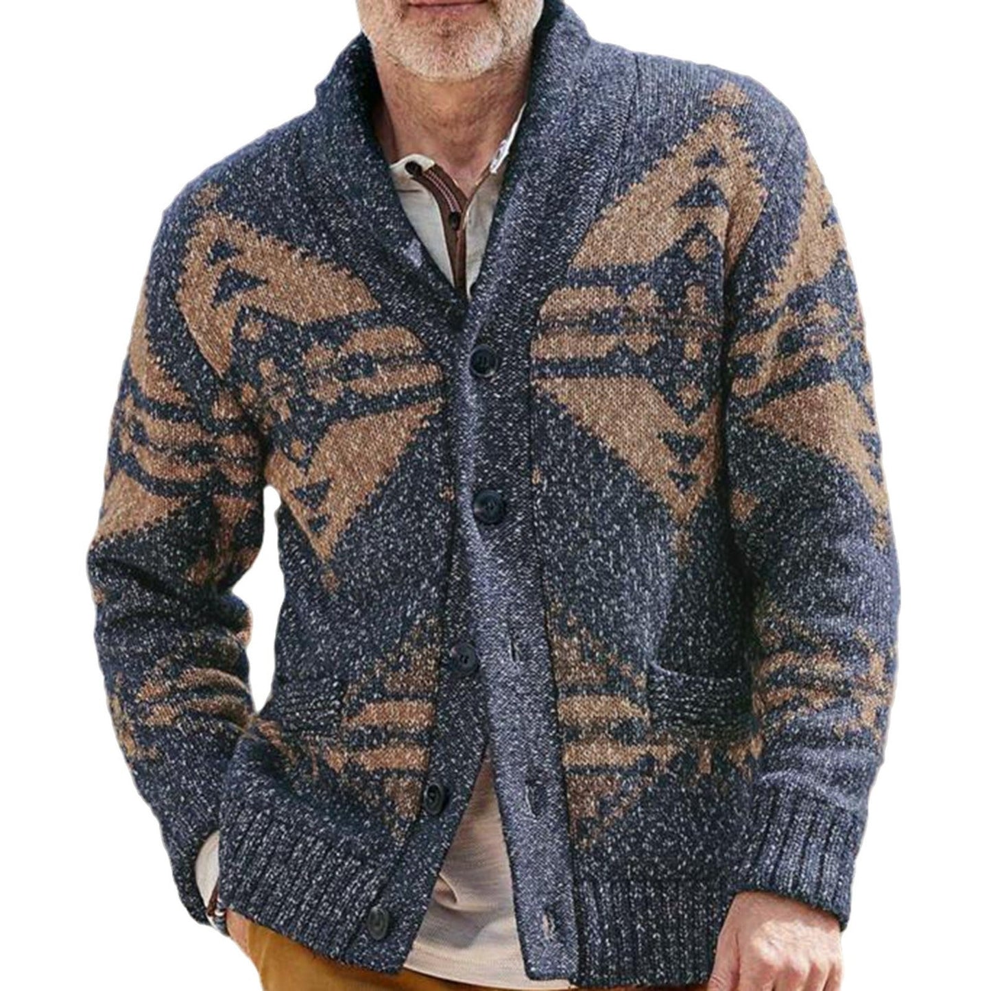 Herren Strickjacke Geometrisches Muster Tiefkragen Modern