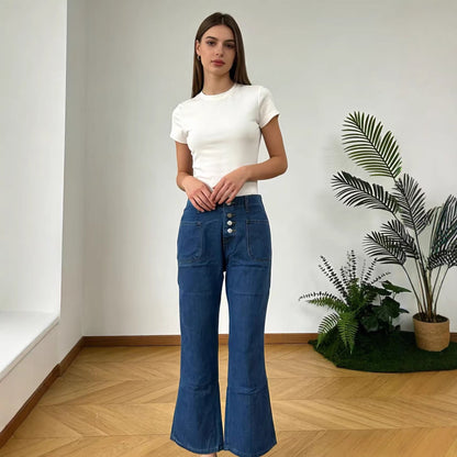 Damen Jeans Bootcut High Waist Knopfleiste