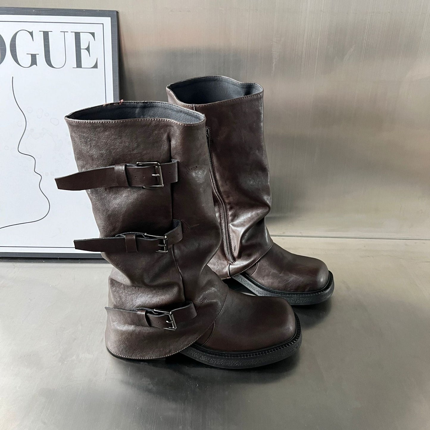 Damen Biker-Stiefel Robust Schnallen-Design Schwarz