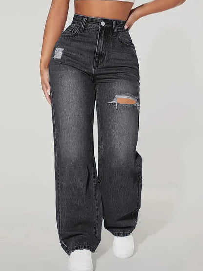 High-Waist Ripped-Jeans Gerades Bein Trendy Damen