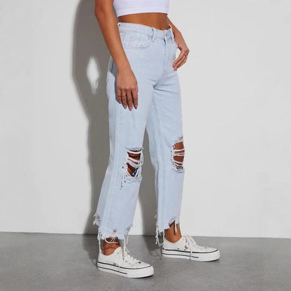 Damen Mom Jeans Ripped mit Rippen-Details Trendy