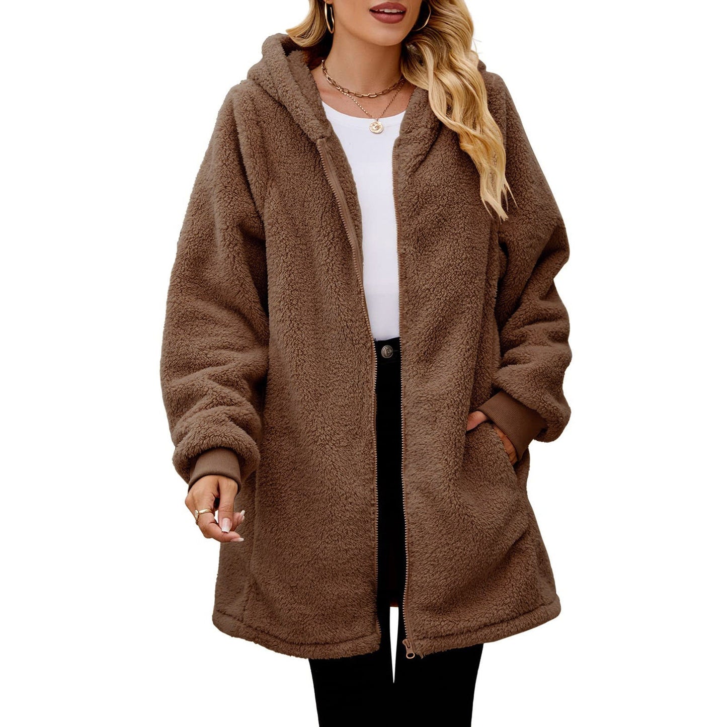 Damen Fleecejacke Oversized Reißverschluss Warm Kuschelig