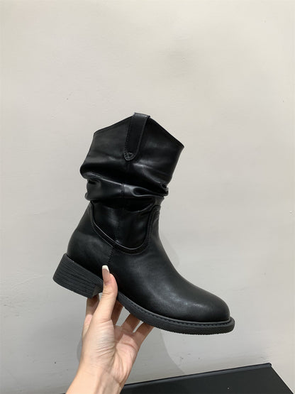 Damen Stiefel Bequem Blockabsatz Geraffter Schaft