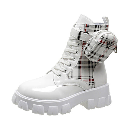 Damen Stiefel Schnürstiefel mit Seitentasche Blockabsatz