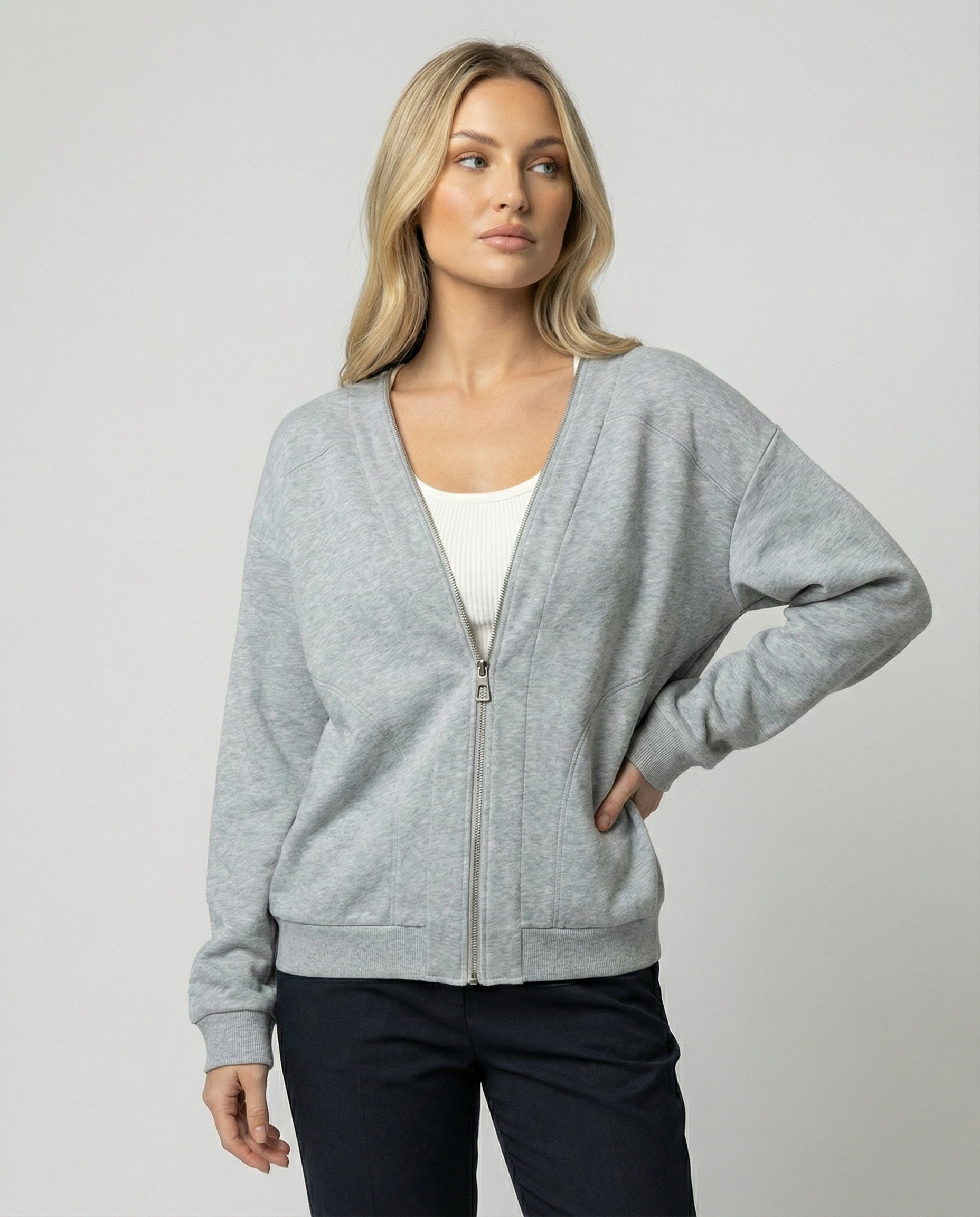 Damen Sweatjacke V-Ausschnitt Grau Kapuzenlos - BerlinGlamour
