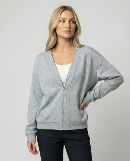 Damen Sweatjacke V-Ausschnitt Grau Kapuzenlos - BerlinGlamour