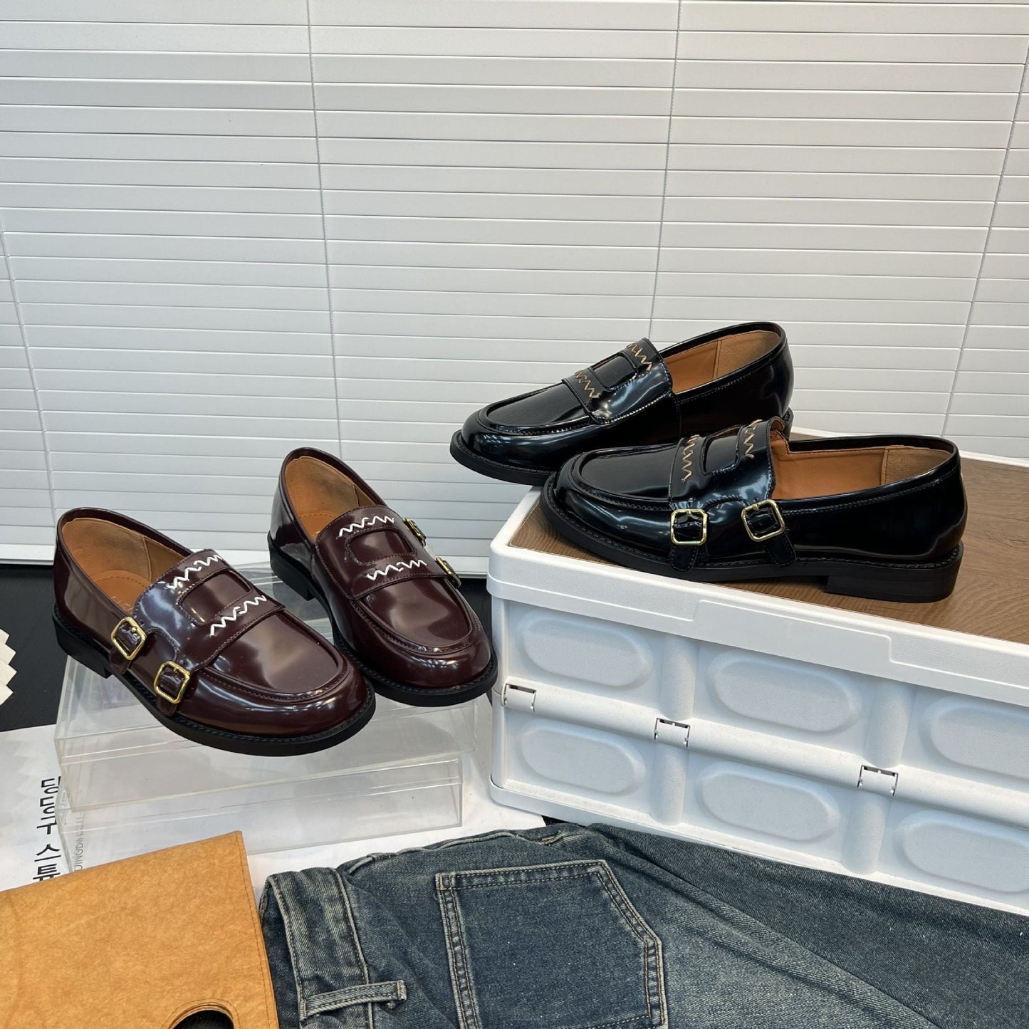 Damen Mokassins Elegante Schnallen Schuhe Schwarz Mode