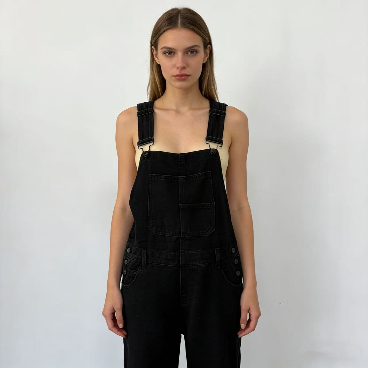 Damen Latzhose Jeans Weites Bein Tiefes Dekolleté
