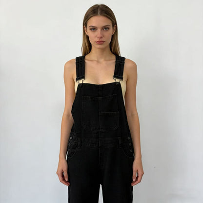 Damen Latzhose Jeans Weites Bein Tiefes Dekolleté
