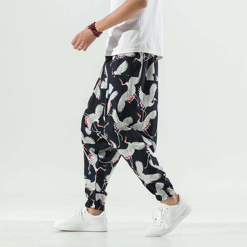 Herren Haremshose Lässig Atmungsaktiv Kranich-Muster Trendy
