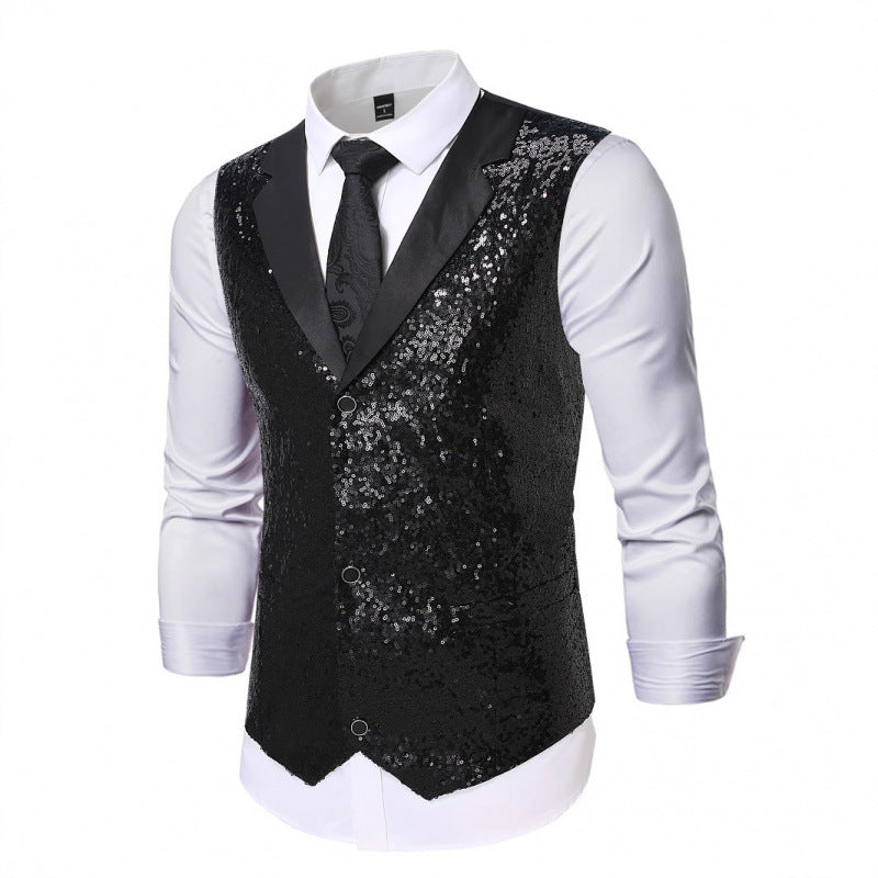 Herren Weste Glitter Pailletten Satin Schwarz