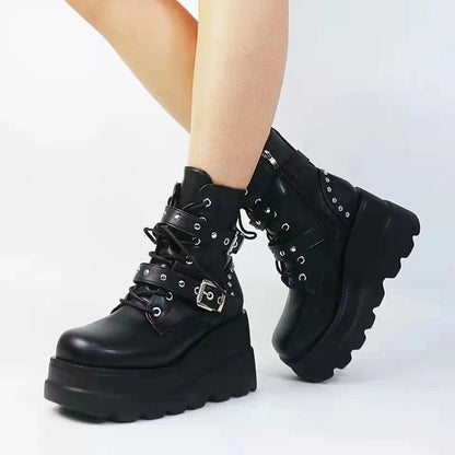 Damen Stiefeletten Plateau mit Schnallen Robust