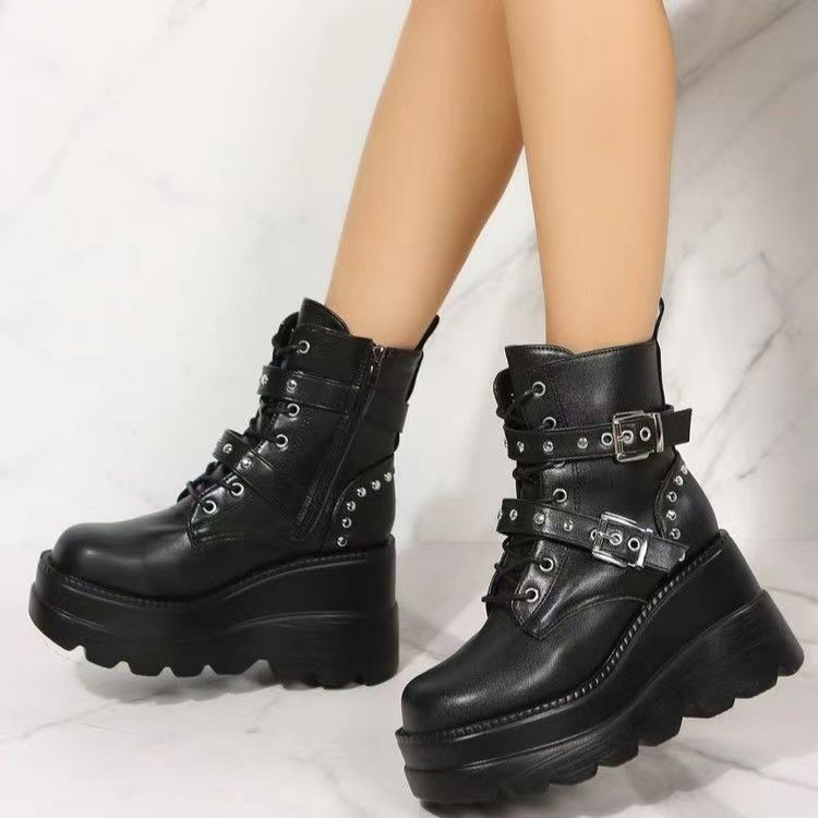 Damen Stiefeletten Wedge Absatz Schnalle Robust - BerlinGlamour