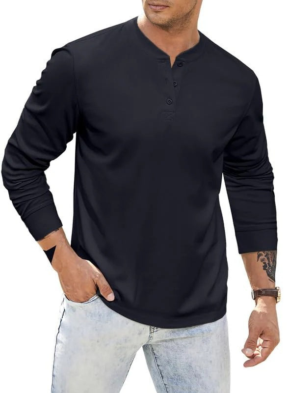 ein möglicher Titel: Herren Langärmliges Henley-Shirt mit Knopfleiste und strukturierter Oberfläche BerlinGlamour