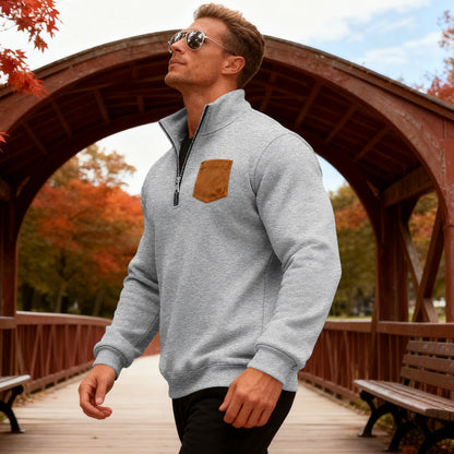 Herren Fleecepullover Mit Reißverschluss und Brusttasche Warm