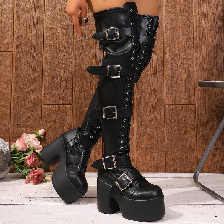 Damen Overknee Stiefel Plateau Schnalle Hochhackig Modern