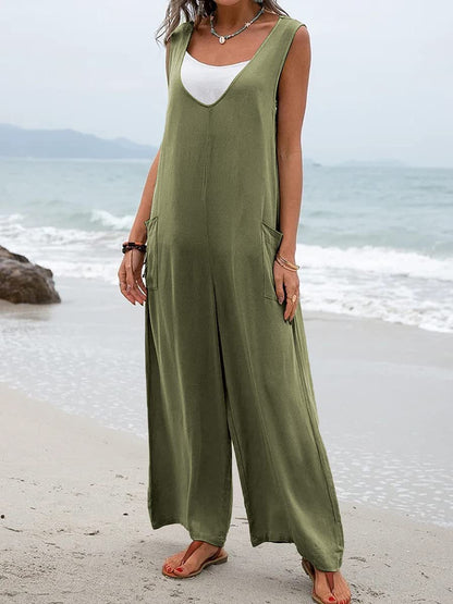 Sommer Jumpsuit Damen Weit mit Taschen und V-Ausschnitt