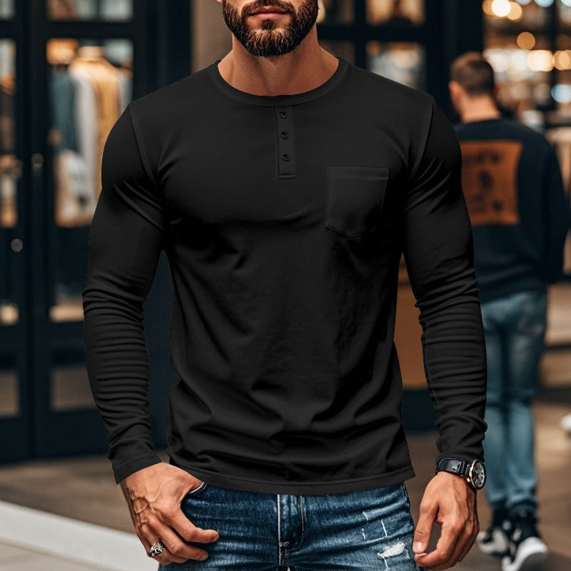 Herren Henley-Shirt Langarm Baumwolle Strukturiert mit Brusttasche
