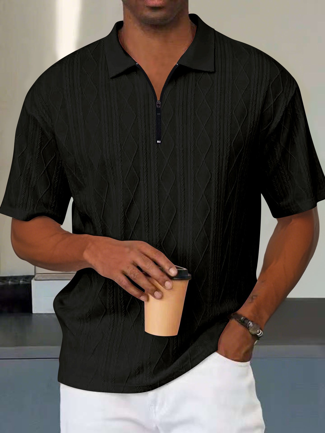 Herren Kurzarm Polo Shirt mit Reißverschluss Kragen Modern