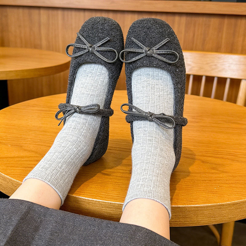 Damen Ballerinas Flauschig mit Schleifchen Weich
